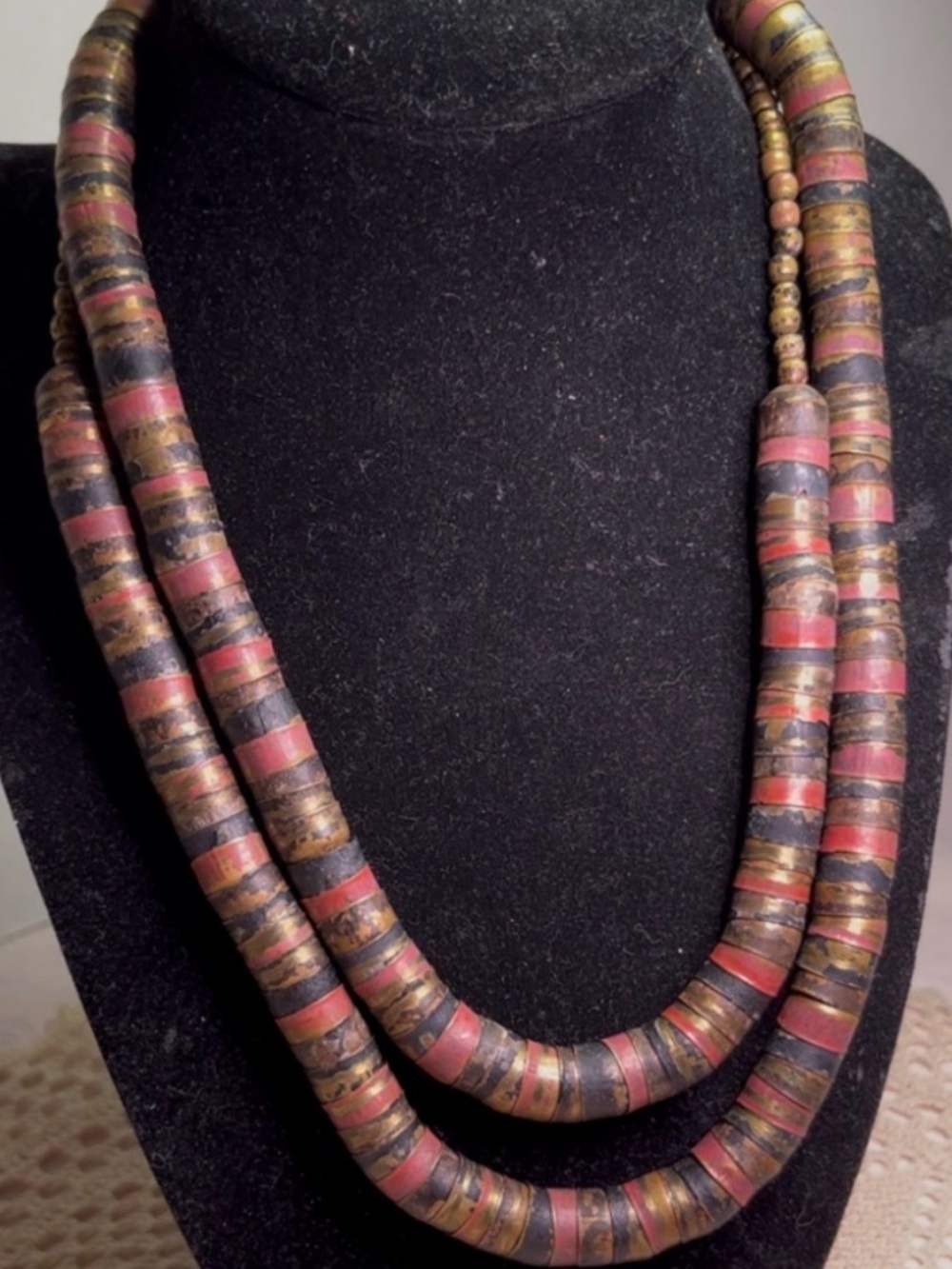 Vintage African Trade Bead Necklace 36” Vinyl Disc Beads Red Black Brass Boho